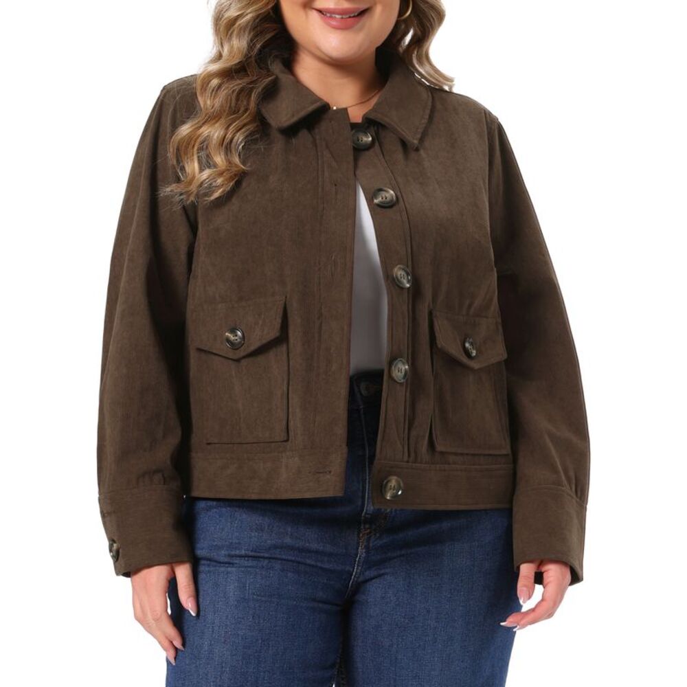 Women's Plus Size Long Sleeve Button Down Corduroy Jacket Dark Brown